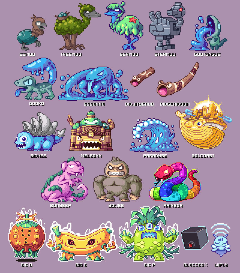 The Bunyip and Yowie are two mythical Australian creatures, ala Bigfoot. The “Big” guys at the bottom are based on Australian tourist attractions The Big Orange, The Big Banana and The Big Pineapple.